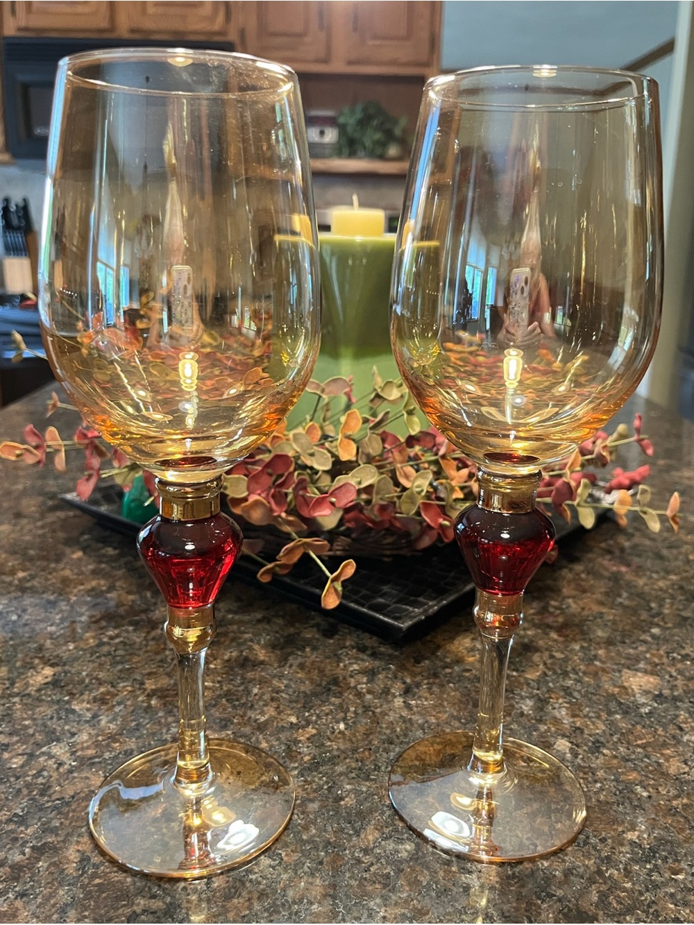 Pier 1-Amber Wine/Water Goblets With Red Accent Stem-Set Of 2